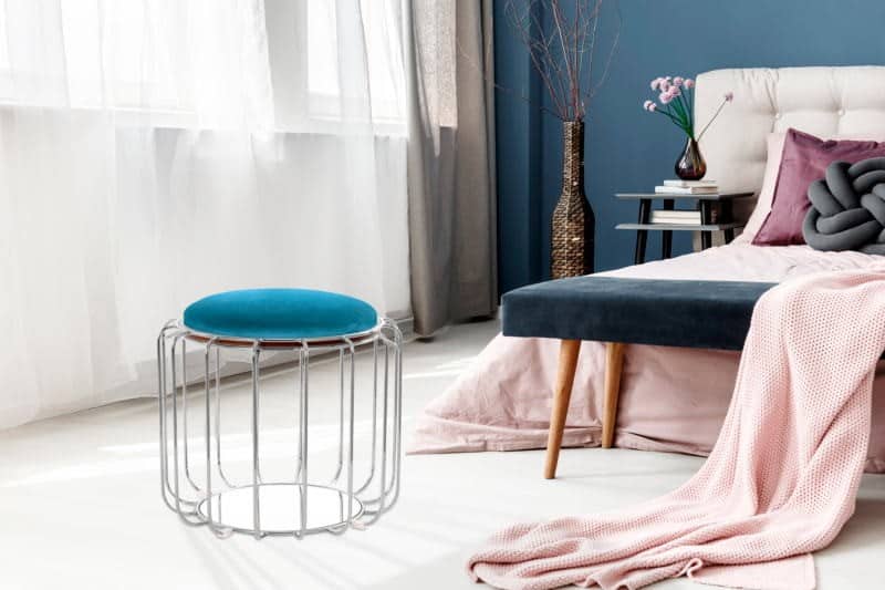 Pouf, table d'appoint FAUVE en velours (Bleu clair, Argent)