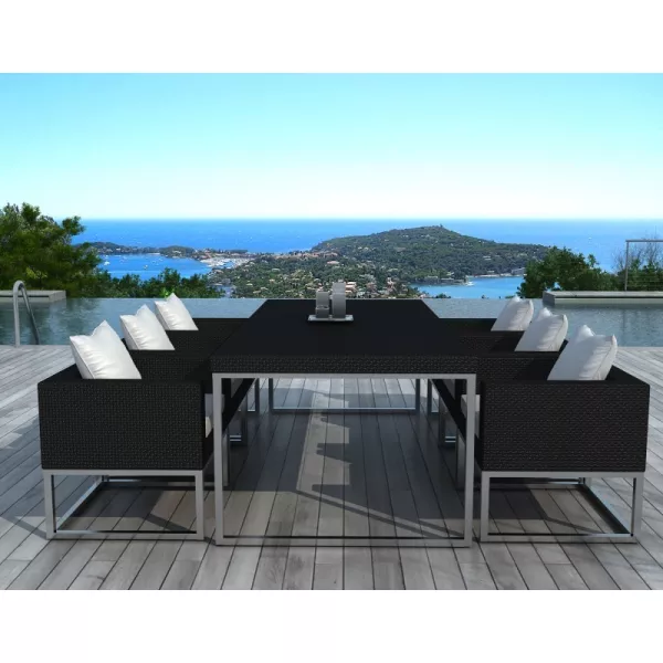 Dining table and 6 PUEBLO garden chairs in braided resin (black, white/ecru cushions) to associate with Modern Garden Furniture 