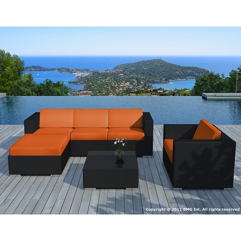 Garden furniture 5 squares SEVILLE woven resin black orange cushions