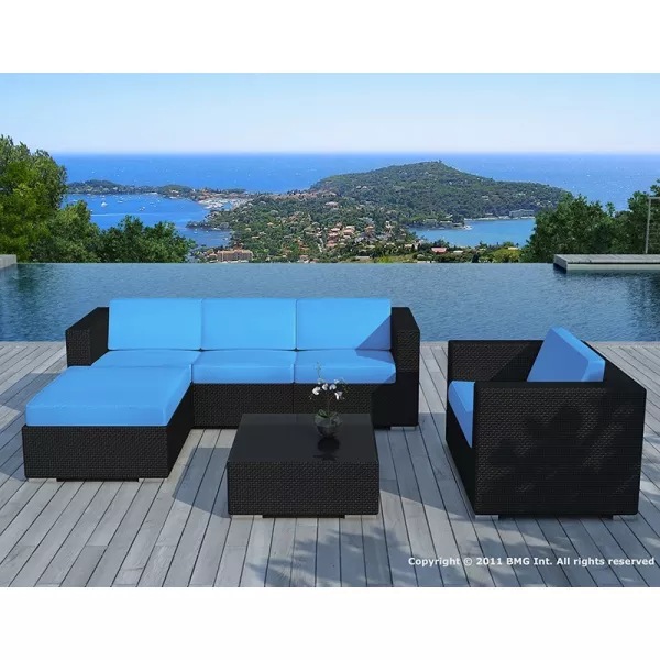 Garden furniture 5 squares SEVILLE woven resin (black, blue cushions) - image 29851