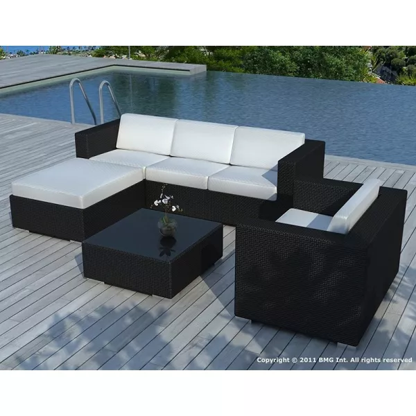 Garden furniture 5 squares SEVILLE woven resin (black, white/ecru cushions) to associate with Scandinavian Garden Furniture With