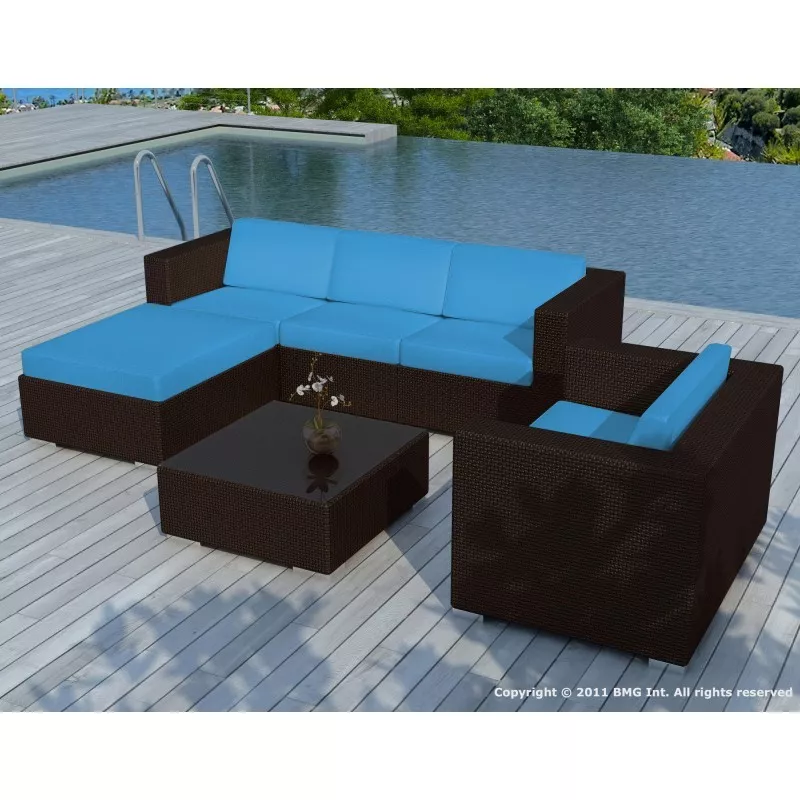 Garden furniture 5 squares SEVILLE resin braided (Brown, blue cushions) - image 29867