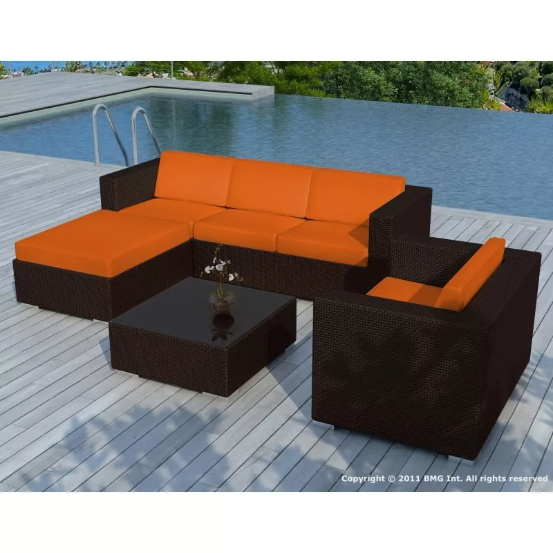 Garden furniture 5 squares SEVILLE resin braided (Brown, orange cushions) to associate with Weather Resistant Garden Garden Furn