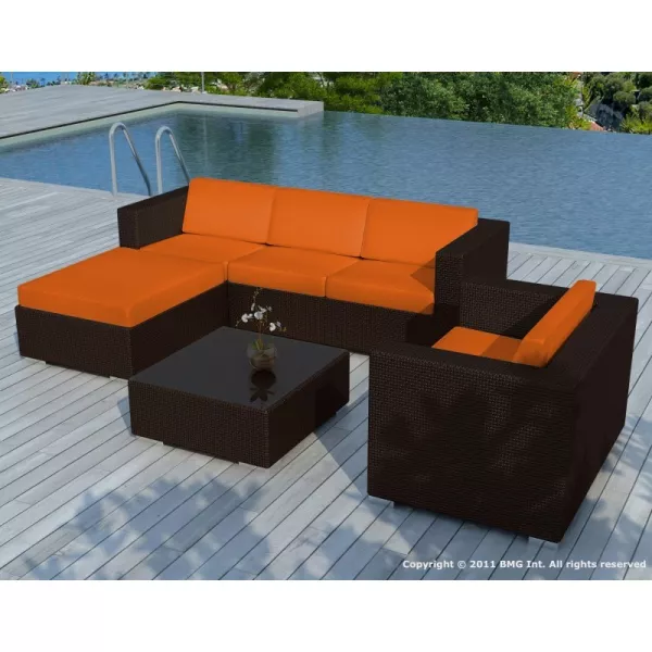 Garden furniture 5 squares SEVILLE resin braided (Brown, orange cushions) to associate with Weather Resistant Garden Garden Furn