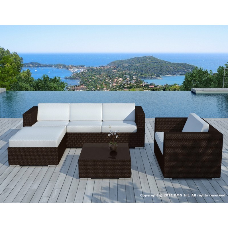 Garden furniture 5 squares SEVILLE resin braided (Brown, white/ecru cushions) to associate with Contemporary Leather Garden Furn