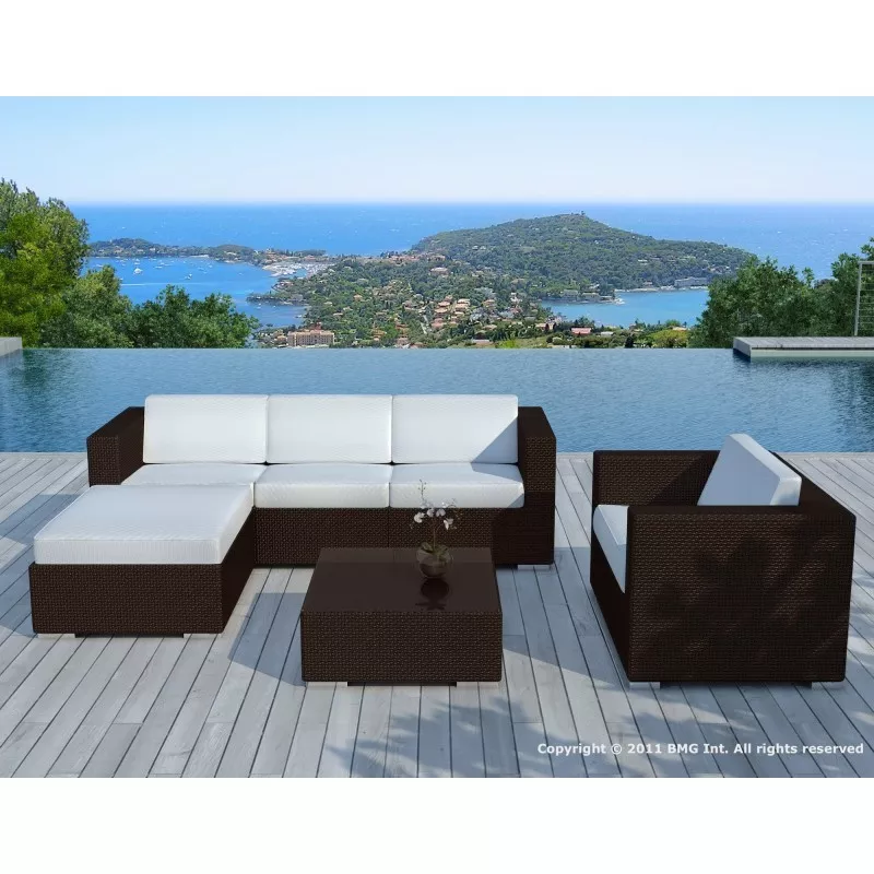 Garden furniture 5 squares SEVILLE resin braided (Brown, white/ecru cushions) to associate with Contemporary Leather Garden Furn