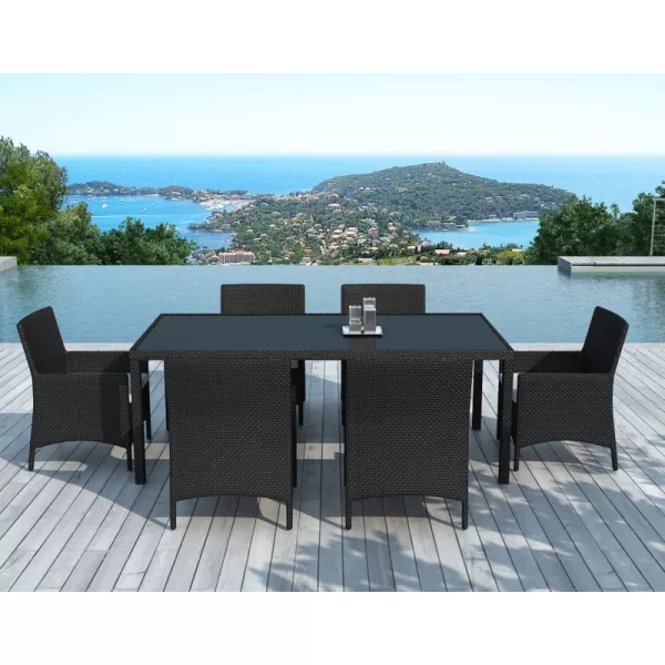 Dining table and 6 chairs garden PALMAS in woven resin (black, white/ecru cushions) to associate with High Quality Solid Wood Ga