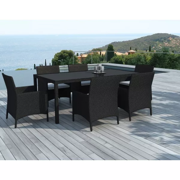 Dining table and 6 chairs garden PALMAS in woven resin (black, white/ecru cushions) to associate with Contemporary Leather Garde