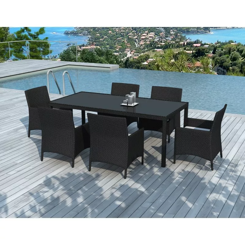 Dining table and 6 chairs garden PALMAS in woven resin (black, white/ecru cushions) to associate with High Quality Solid Wood Ga