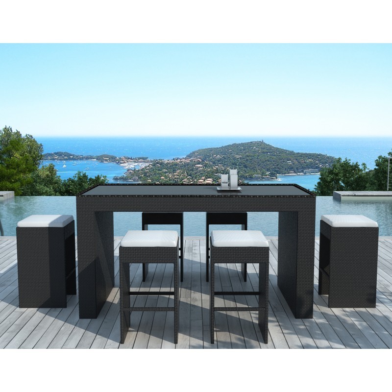 Furniture bar and 6 stools garden PORTO in woven resin (black, white/ecru cushions) - image 29901