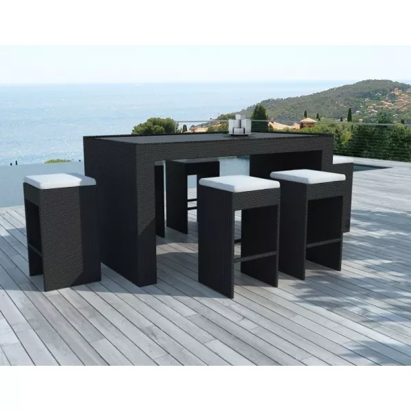 Furniture bar and 6 stools garden PORTO in woven resin (black, white/ecru cushions) - image 29902