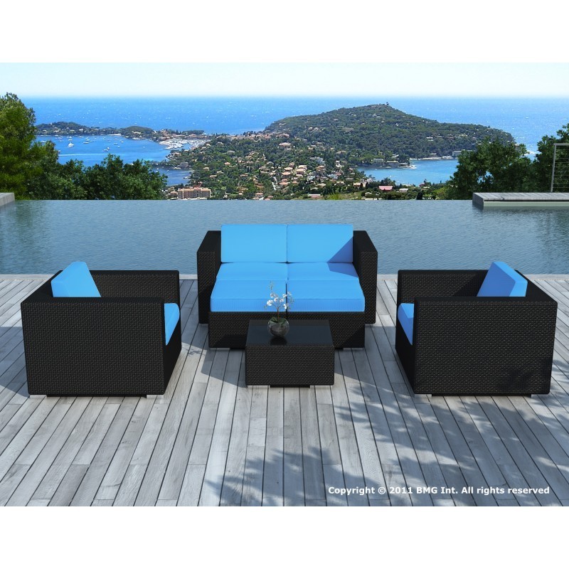 Garden furniture 6 seater KUMBA woven resin (black, blue cushions) - image 29915