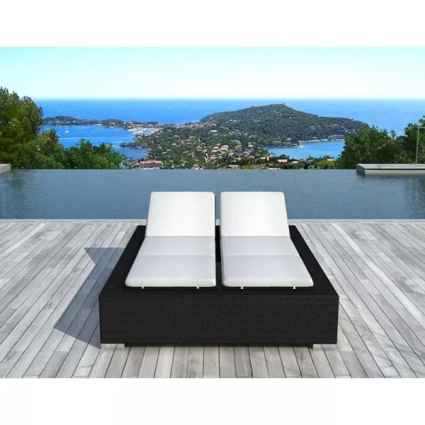 Sunbathing sunbed 2 seater 5 positions Cadiz in woven resin (black, white/off-white) - image 29944