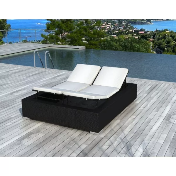 Sunbathing sunbed 2 seater 5 positions Cadiz in woven resin (black, white/off-white) - image 29946