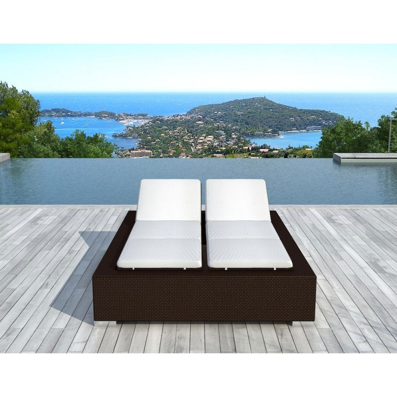 Sunbathing sunbed 2 seater 5 positions Cadiz in woven resin (Brown, white/off-white) to associate with Modern Garden Armchair Fo