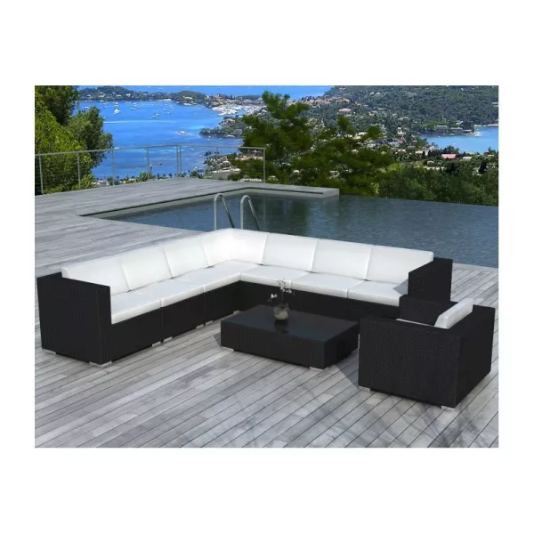 Garden of angle living room 8 places OVIEDO woven resin (black, white/ecru cushions) to associate with Weather Resistant Garden 