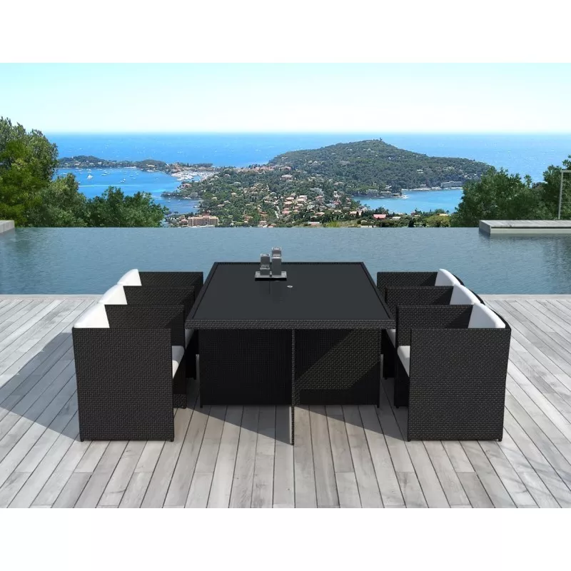 Dining table and 6 chairs built-in Garden KRIBOU in woven resin (black, white/ecru cushions) - image 30005