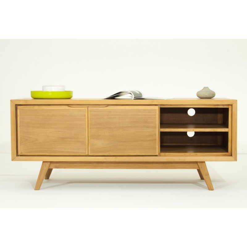 Scandinavo retrò TV 2 porte 2 nicchie in teak massiccio di AARON (naturale) - image 30499