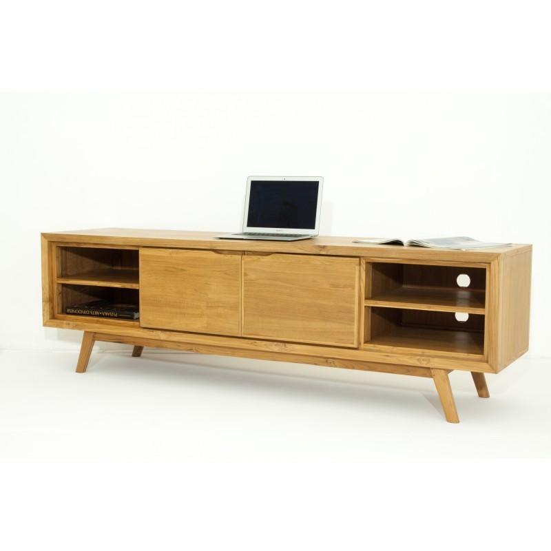 Scandinavo retro TV 2 portelli 4 nicchie in teak massiccio di AARON (naturale) - image 30530