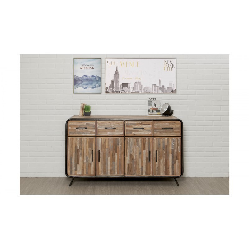 Buffet row 4 doors 4 drawers industrial 160 cm BENOIT massive teak recycled and metal - image 36201