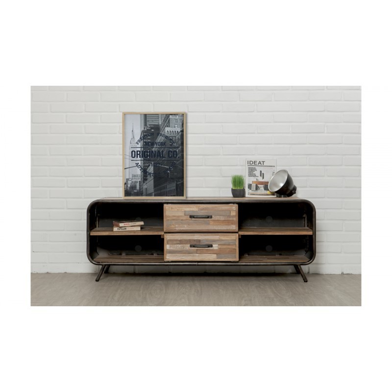 Low-TV 2 Schubladen 4 industrielle Nischen 150 cm BENOIT massive Teak recycelt und Metall stehen mit assoziieren Gepolsterte TV-