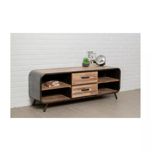 Low TV 2 drawers 4 industrial niches 150 cm BENOIT massive teak recycled and metal stand to associate with Practical and Robust 