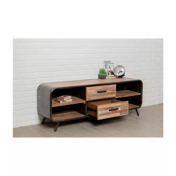 Low TV 2 drawers 4 industrial niches 150 cm BENOIT massive teak recycled and metal stand to associate with Rattan Tv Cabinet For