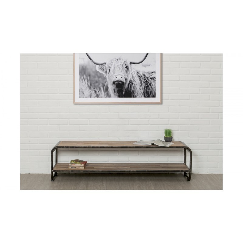 Low TV 2 industrial trays 160 cm BENOIT massive teak recycled and metal stand - image 36226