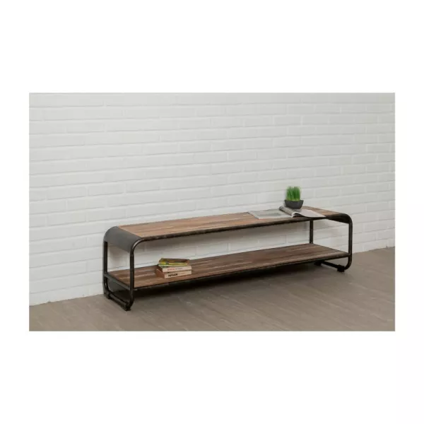 Low TV 2 industrial trays 160 cm BENOIT massive teak recycled and metal stand - image 36227