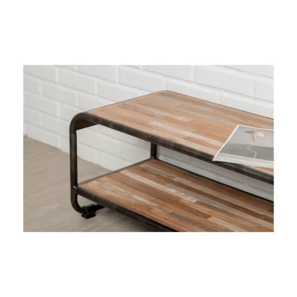 Low TV 2 industrial trays 160 cm BENOIT massive teak recycled and metal stand - image 36228