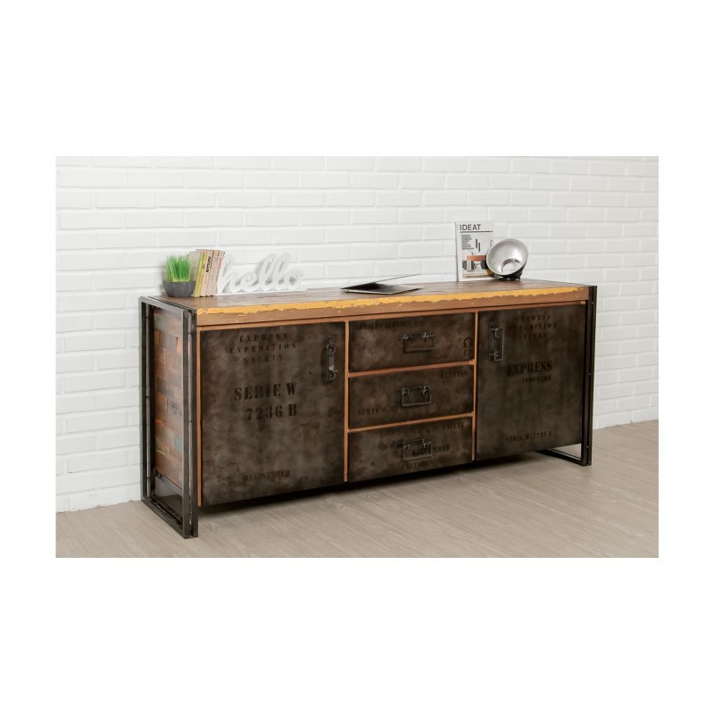 Buffet row 2 doors 3 drawers industrial 190 cm NOAH massive teak recycled and metal to associate with Practical And Robust Foldi