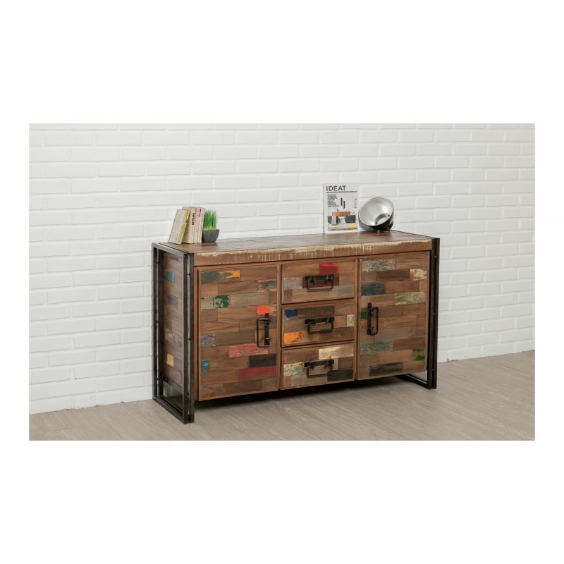 Buffet row 2 doors 3 drawers industrial 140 cm NOAH massive teak recycled and metal - image 36239