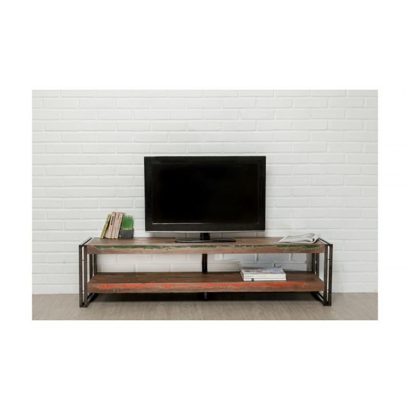 Niedrige TV 2 industrielle Tabletts 160 cm NOAH massiven Teak recycelt und Metall stehen - image 36256