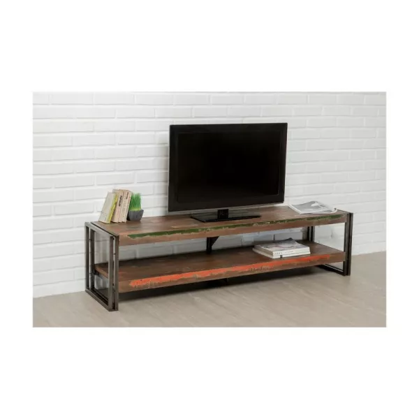 Low TV 2 industrial trays 160 cm NOAH massive teak recycled and metal stand - image 36257