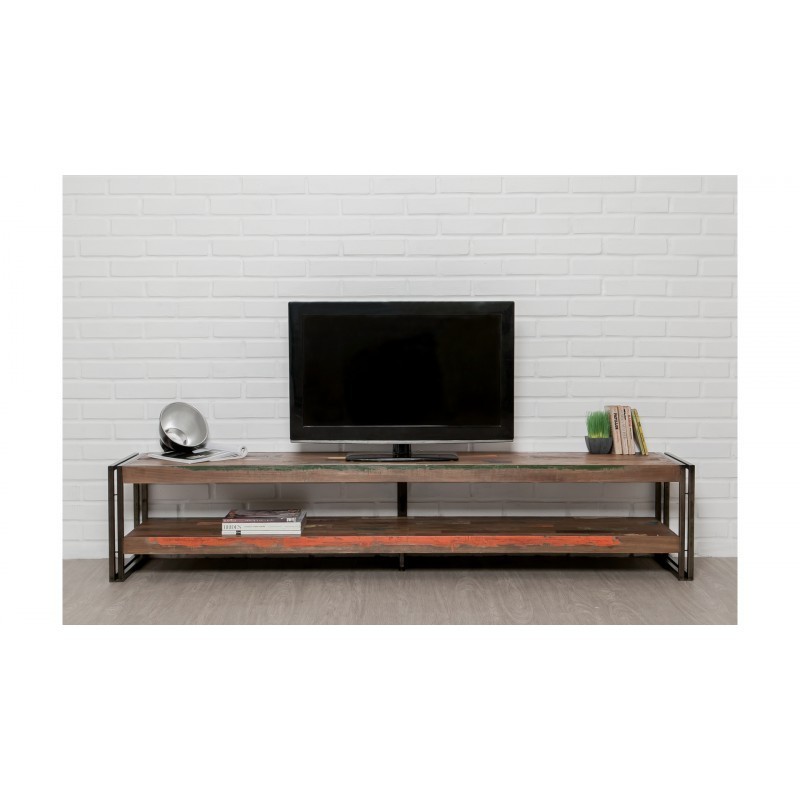 Niedrige TV 2 industrielle Tabletts 200 cm NOAH massiven Teak recycelt und Metall stehen - image 36264