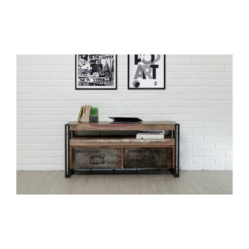 Furniture 2 drawers 1 low TV niche 110 cm NOAH massive teak recycled industrial and metal - image 36267