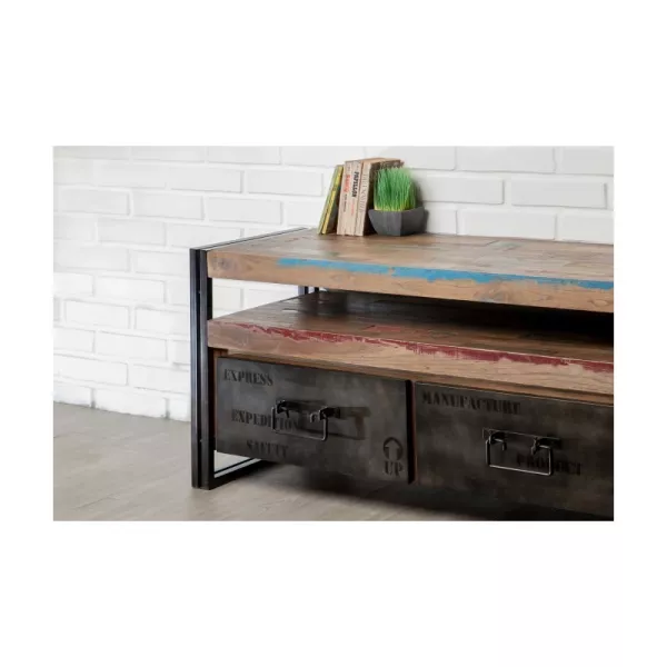 Furniture 2 drawers 1 low TV niche 110 cm NOAH massive teak recycled industrial and metal - image 36269