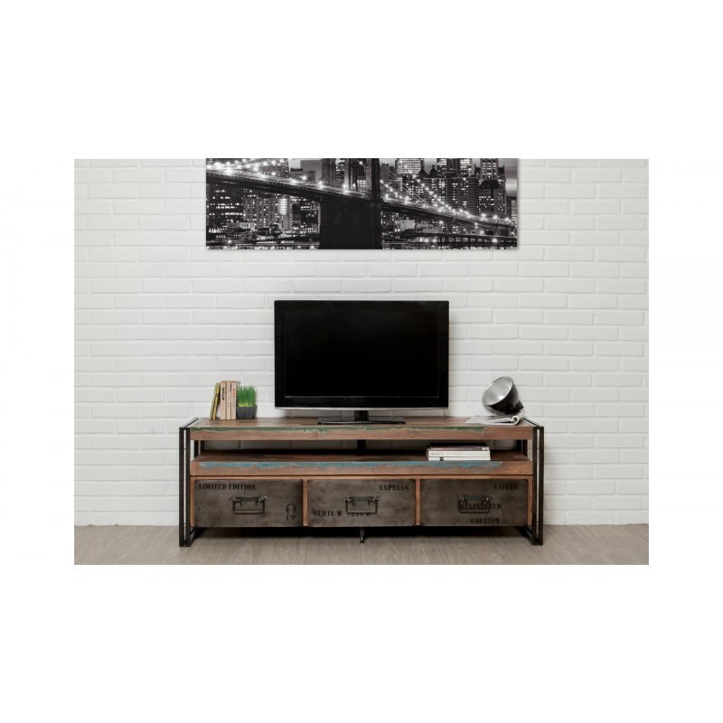 Amueblado 3 cajones 1 bajo TV nicho 160 cm industrial reciclado teca masiva de NOAH y metal asociarse con Mueble TV apilable par