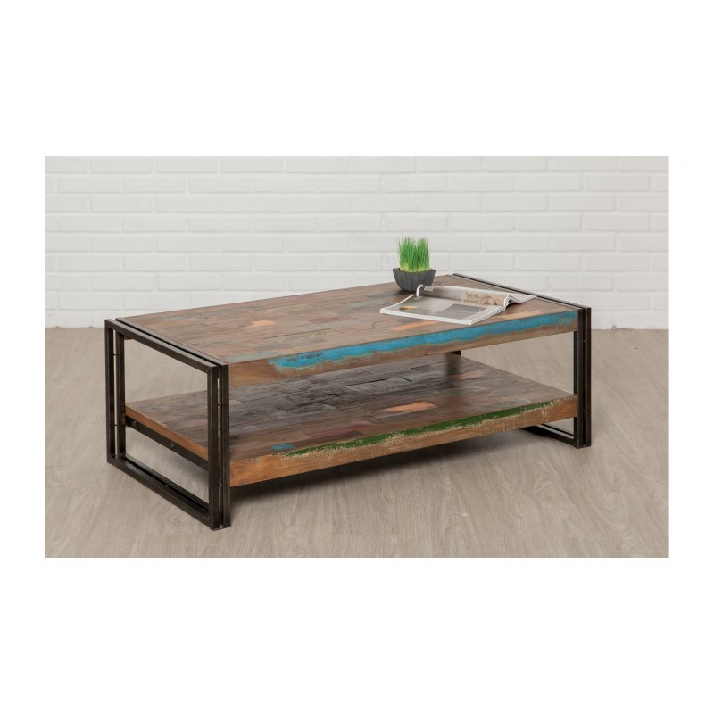 Table low double trays rectangular vintage NOAH massive teak recycled and metal (120x60x40cm) - image 36303