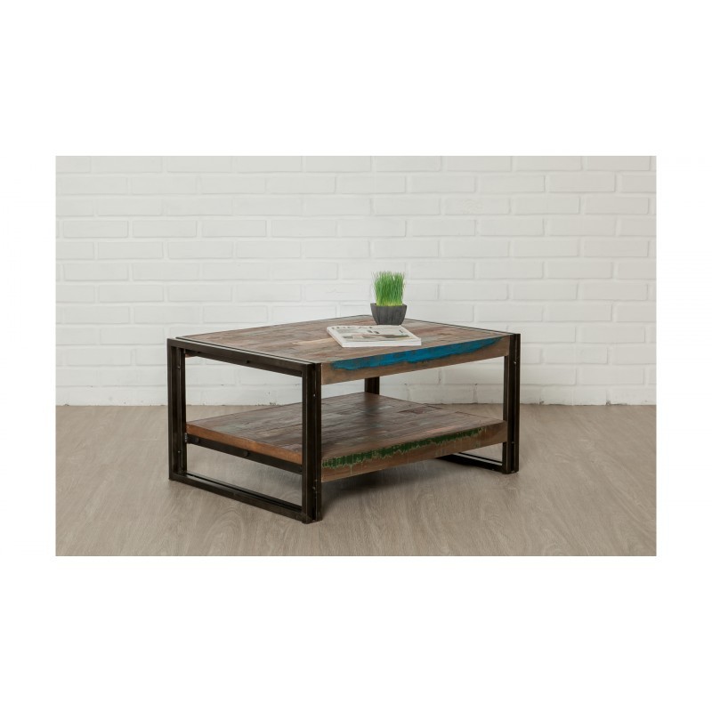 Table basse double plateaux rectangulaire vintage NOAH en teck massif recyclé et métal (80x60x40cm) - image 36306