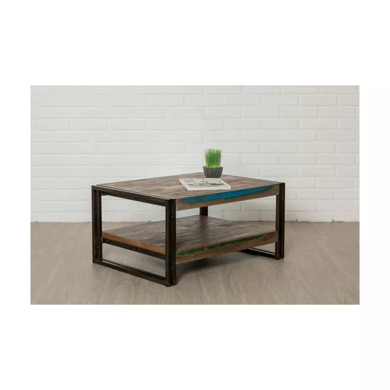 Table low double trays rectangular vintage NOAH massive teak recycled and metal (80x60x40cm) - image 36306