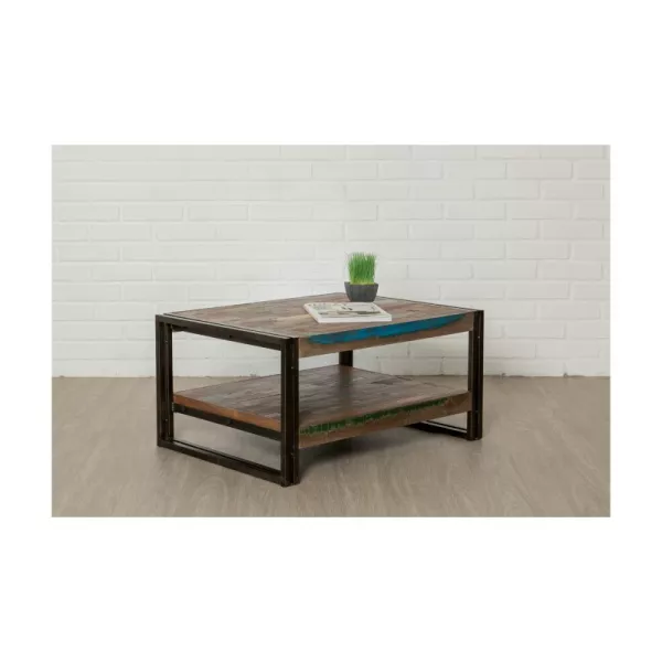 Table low double trays rectangular vintage NOAH massive teak recycled and metal (80x60x40cm) - image 36306