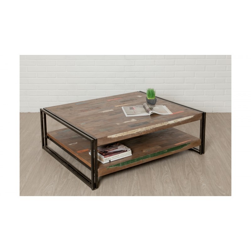 Table low double trays rectangular vintage NOAH massive teak recycled and metal (120x100x40cm) to associate with Modern Coffee T