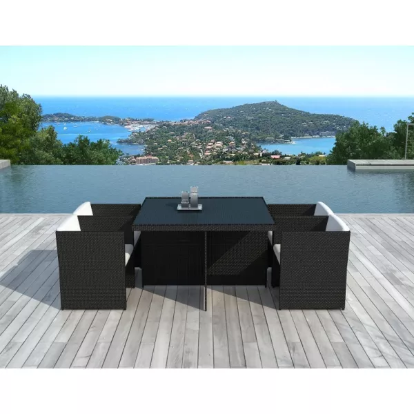 Dining table and 4 chairs built-in Garden KRIBOU in woven resin (black, white/ecru cushions) - image 36430