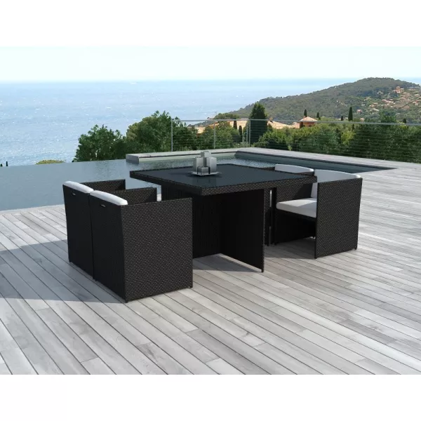 Dining table and 4 chairs built-in Garden KRIBOU in woven resin (black, white/ecru cushions) - image 36431