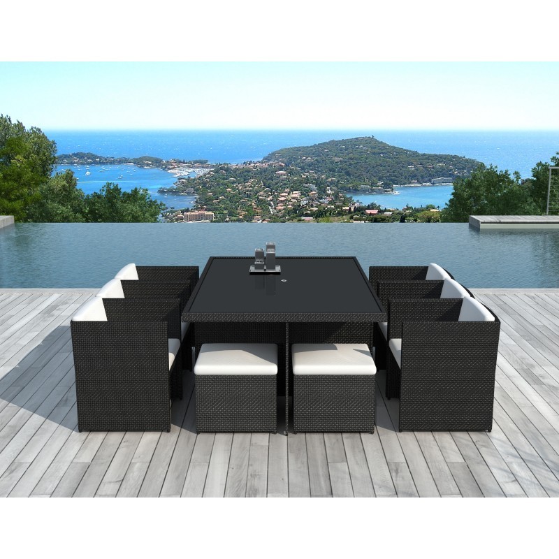 Garden Room 10 places built-in ÚBEDA in woven resin (black, white/ecru cushions) to associate with Stackable garden furniture to