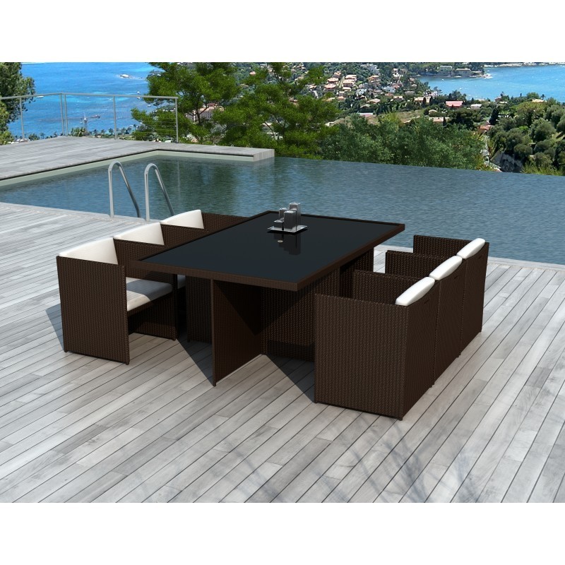 Dining table and 6 chairs built-in Garden KRIBOU in resin braided (Brown, white/ecru cushions) - image 36446