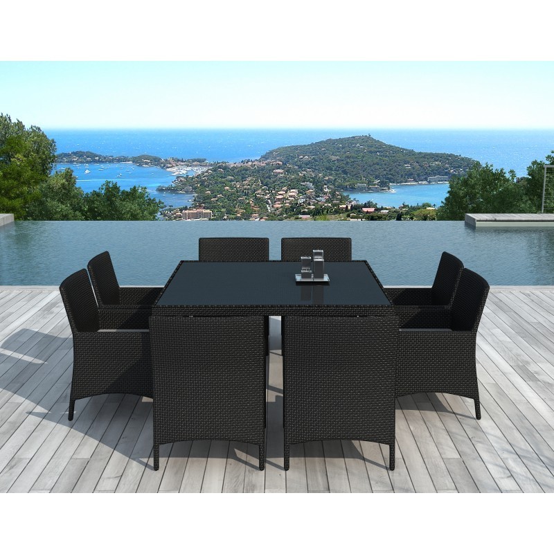 Dining table and 8 chairs garden PALMAS in woven resin (black, white ecru cushions) to associate with Modern Garden Furniture fo