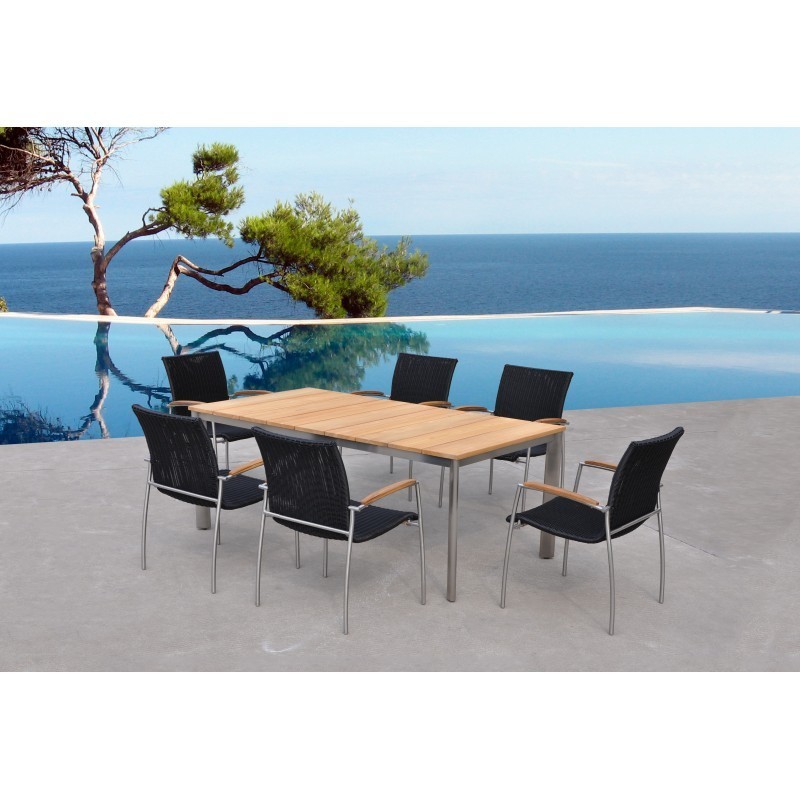 Dining and 6 VOLYA braided resin lawn chairs round table and teak (black, natural) - image 36605