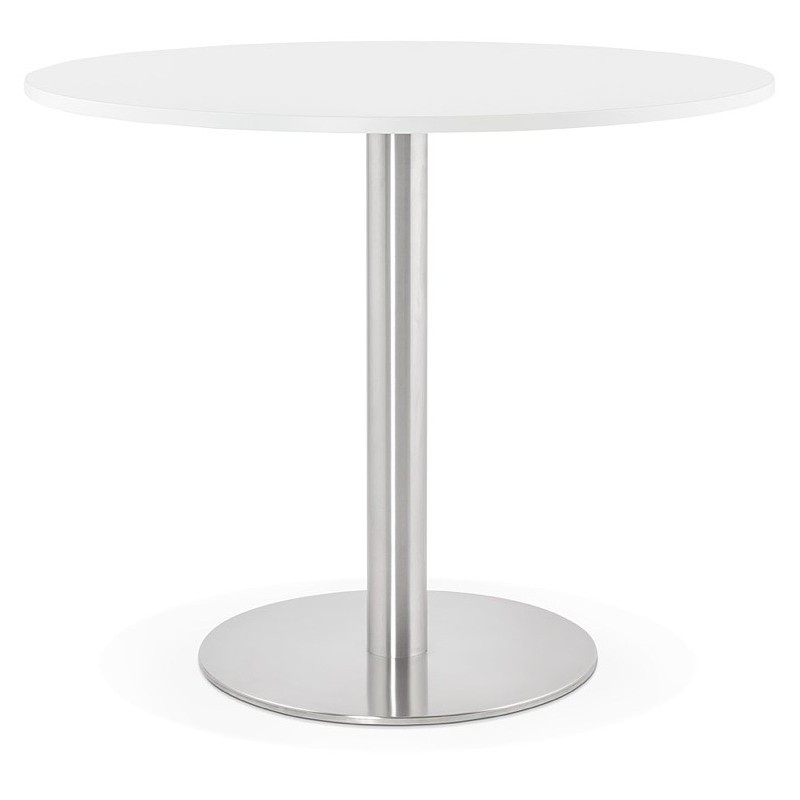 Table à manger ronde design ou bureau CARLA en bois aggloméré et métal brossé (Ø 90 cm) (blanc, acier brossé) - image 39744